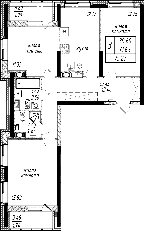 3-комнатная квартира 75.27 м², 9/25 эт., ЖК «Северная Долина»